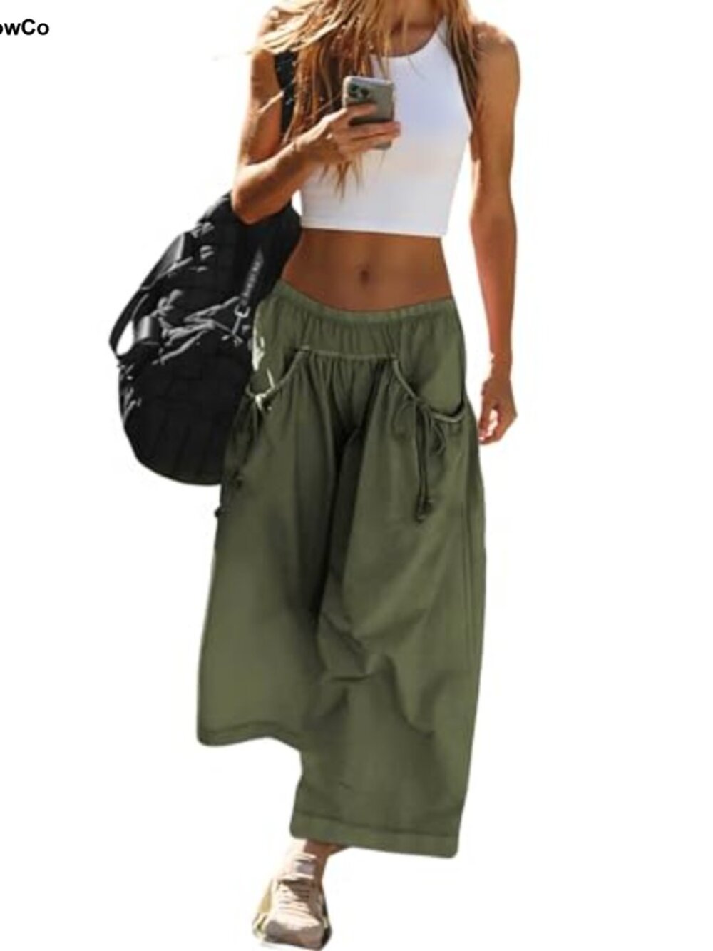 Wide Leg Drawstring Pants Nylon Elastic Waist Capri Hiking Casual
